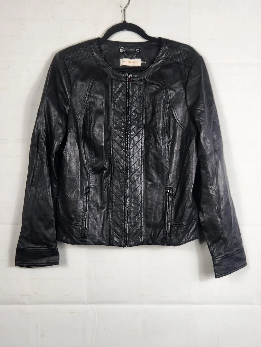 Tory Burch Daphne Black Lambskin Leather Quilted Moto Jacket Size 8-10